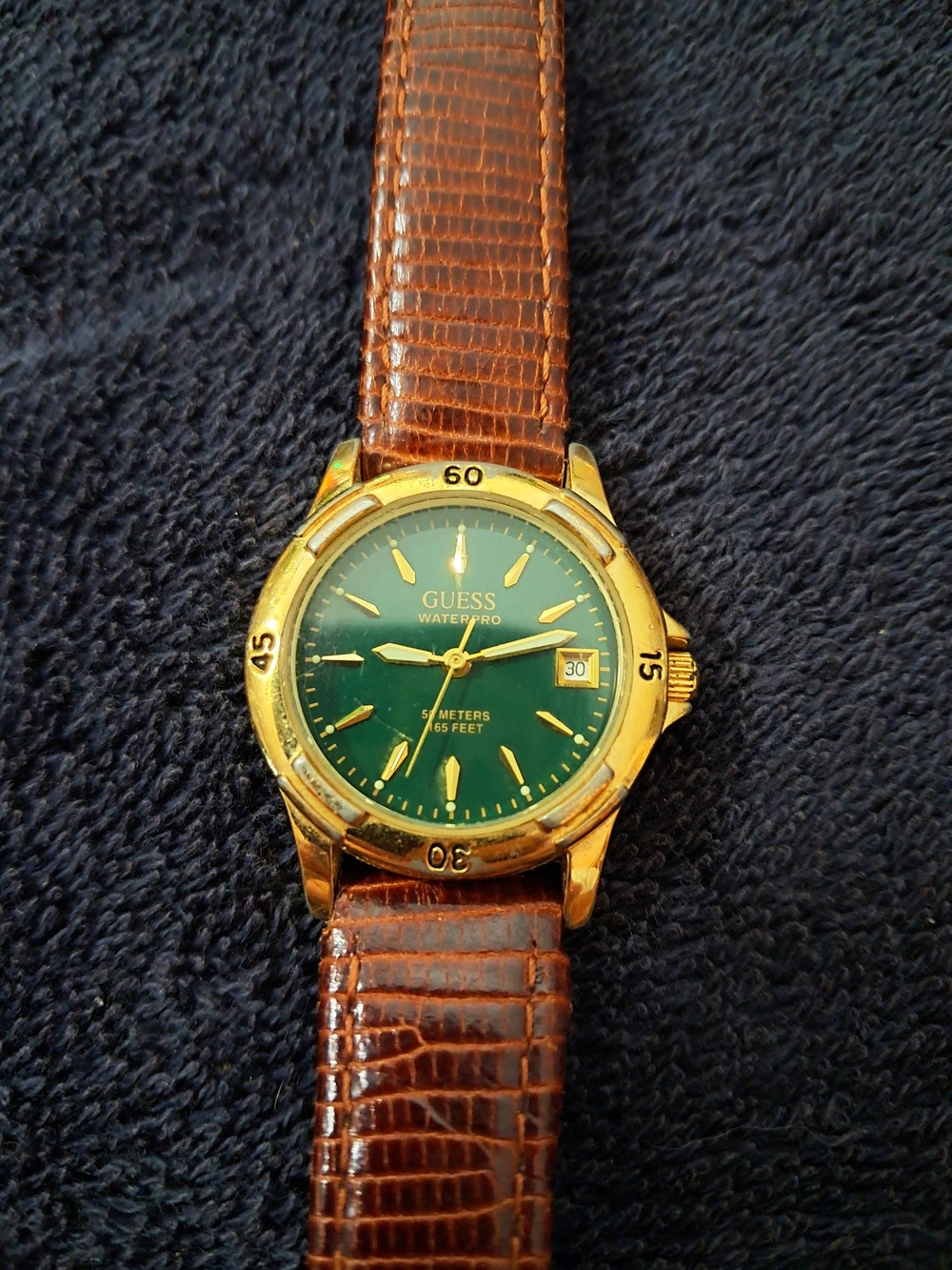 GUESS Ladies Gold Case Green Dial Watch with Brown Leather Strap